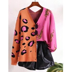 Pink Orange Animal Print Button Down V-Neck Knit Cardigan Stretchy